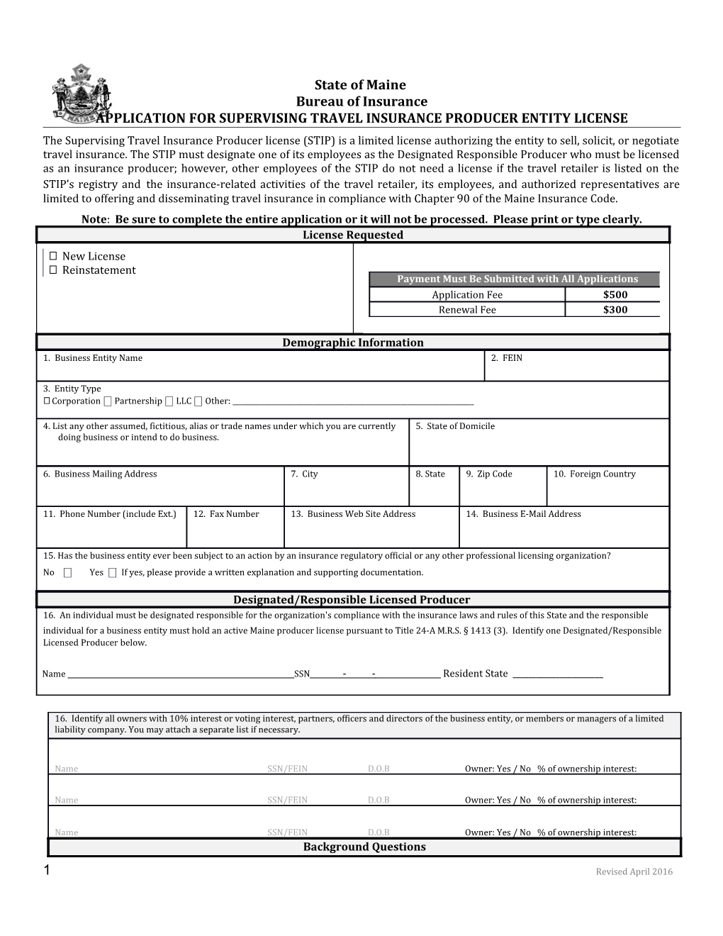 Application for Supervising Travel Insurance Producer Entity License