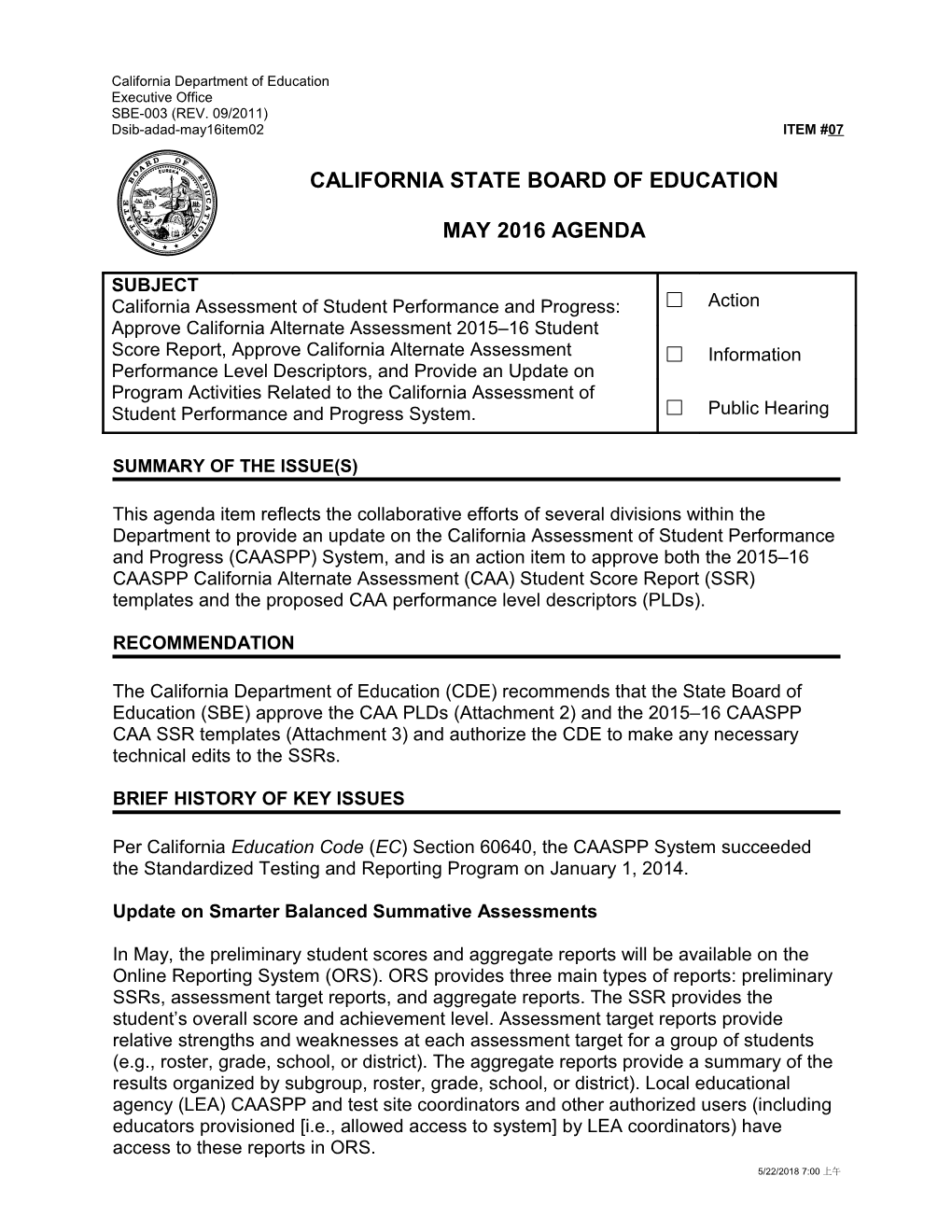 May 2016 Agenda Item 07 - Meeting Agendas (CA State Board of Education)