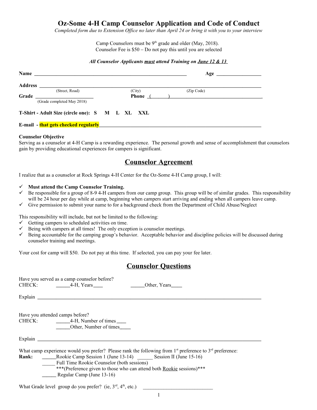 Oz-Some4-H Camp Counselor Application and Code of Conduct