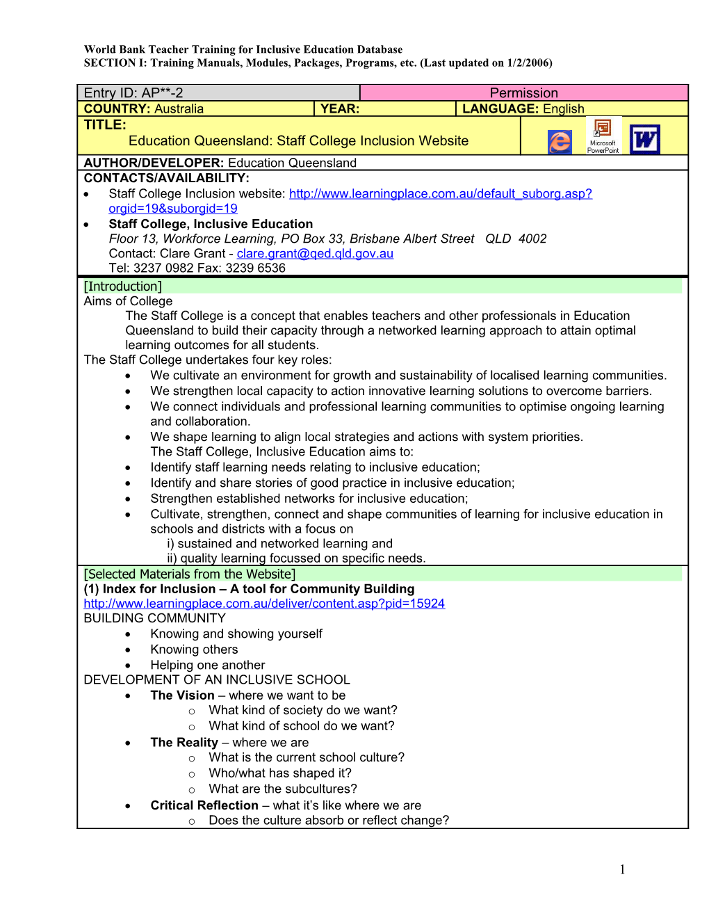 World Bank Teacher Training for Inclusive Education Database s1