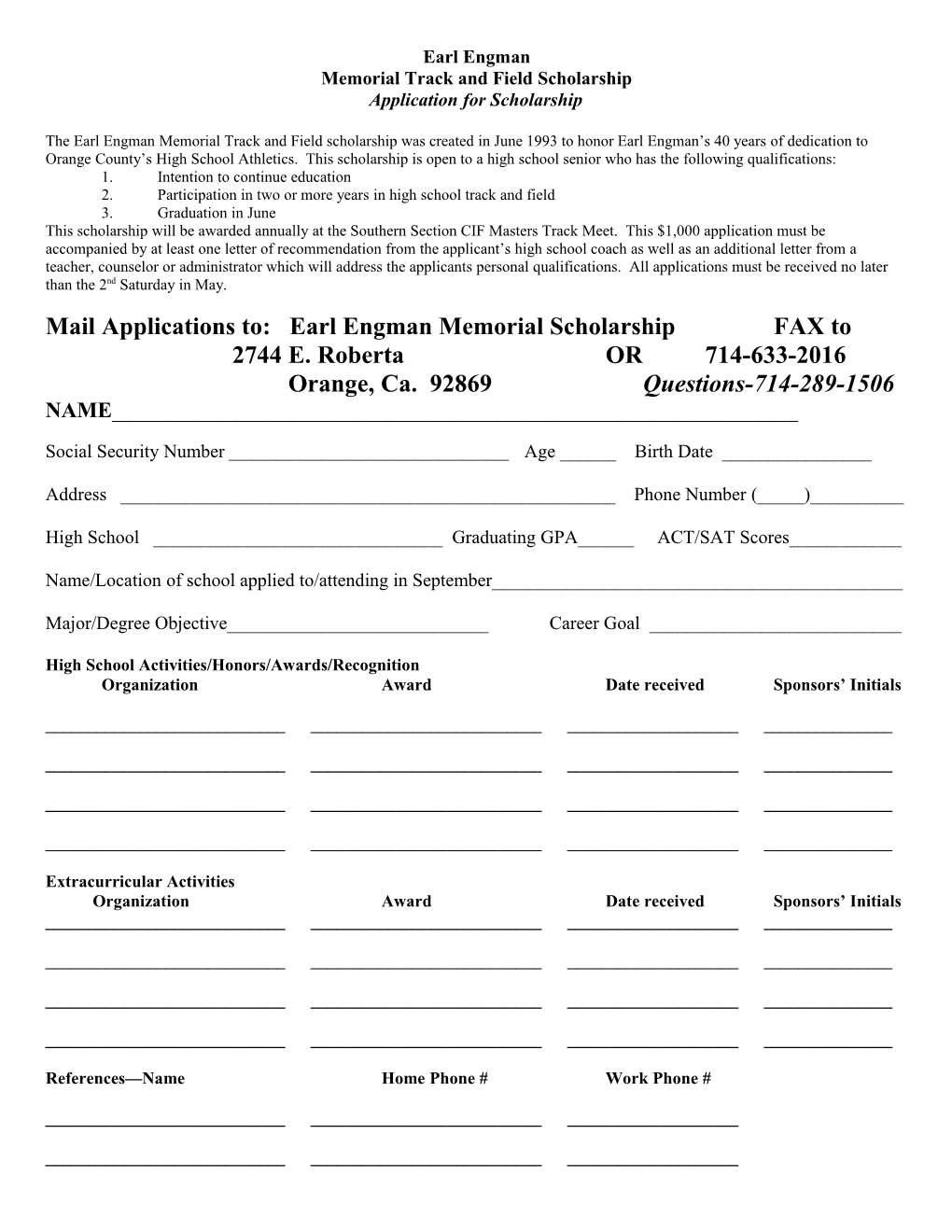 Memorial Track and Field Scholarship