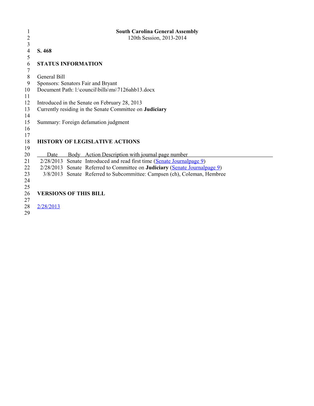 2013-2014 Bill 468: Foreign Defamation Judgment - South Carolina Legislature Online