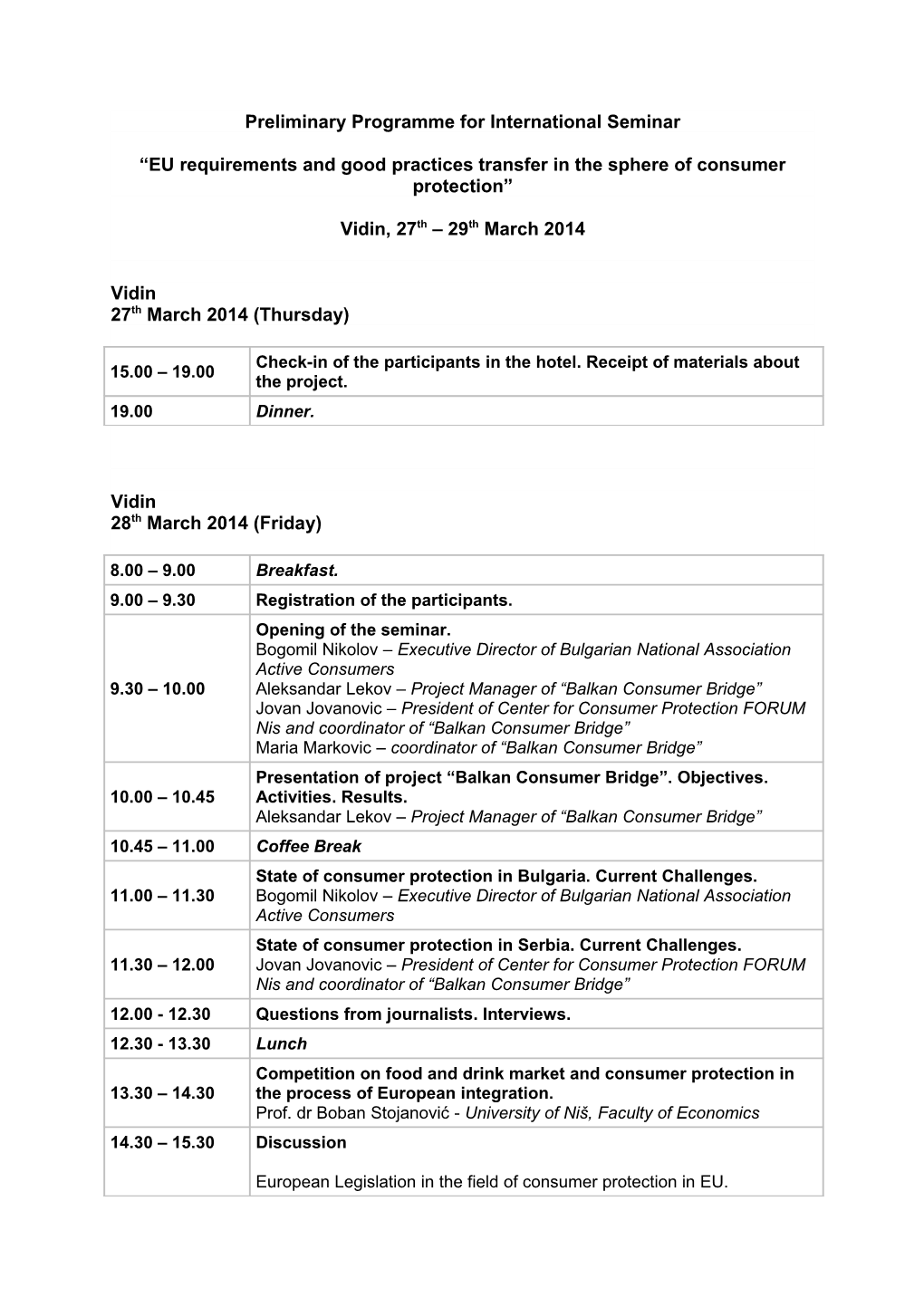 Preliminary Programme for International Seminar