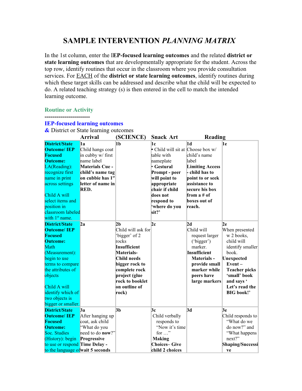 Activity Planning Matrix Form