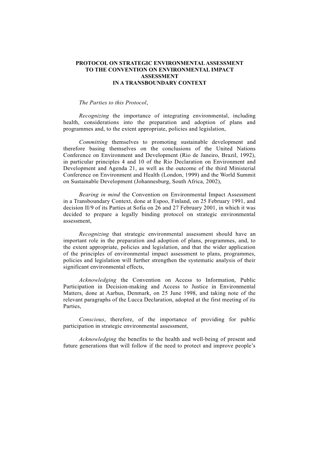 Protocol on Strategic Environmental Assessment Tothe Convention on Environmental Impact