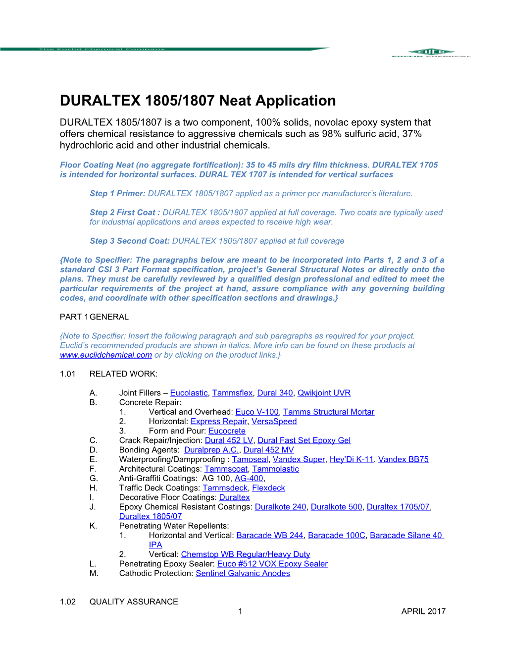 DURALTEX 1805/1807Neat Application