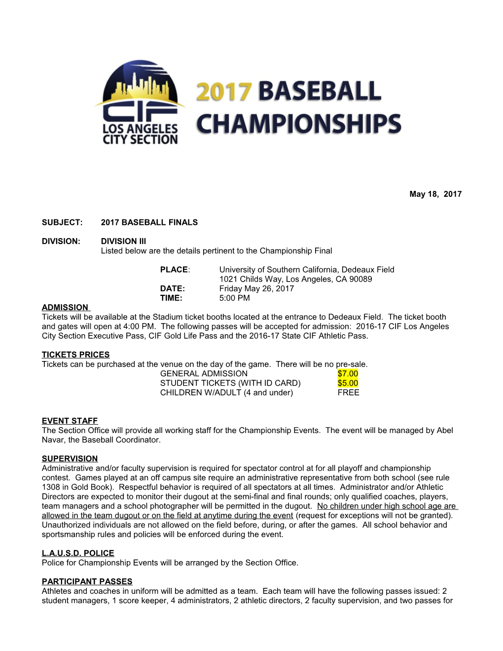 Subject: 2017 Baseball Finals