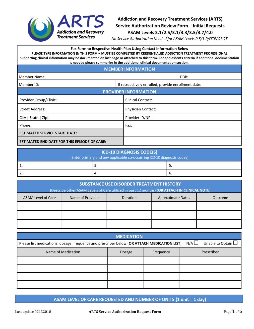 Service Authorization Review Form Initial Requests
