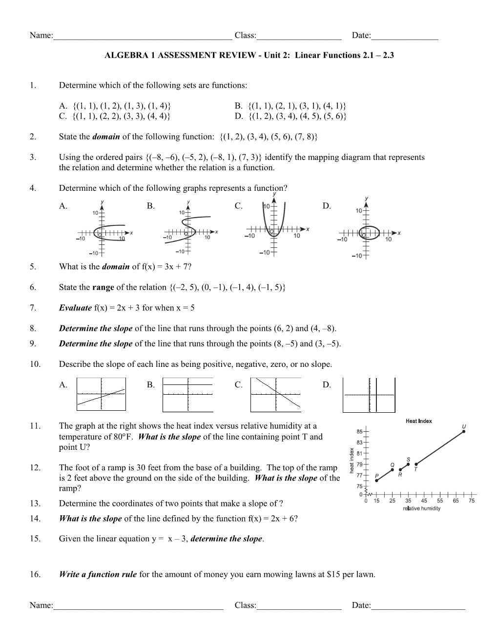 ALGEBRA 1 ASSESSMENT REVIEW - Unit 2: Linear Functions 2.1 2.3