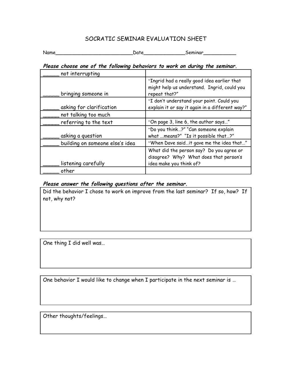 Socratic Seminar Evaluation Sheet