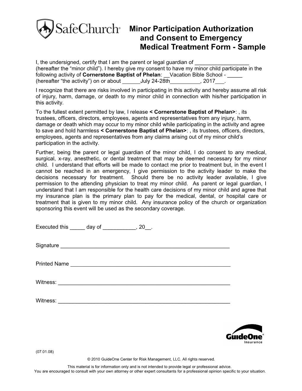 Minor Participation Authorization & Consent to Emergency Medical Treatment (Customizable)