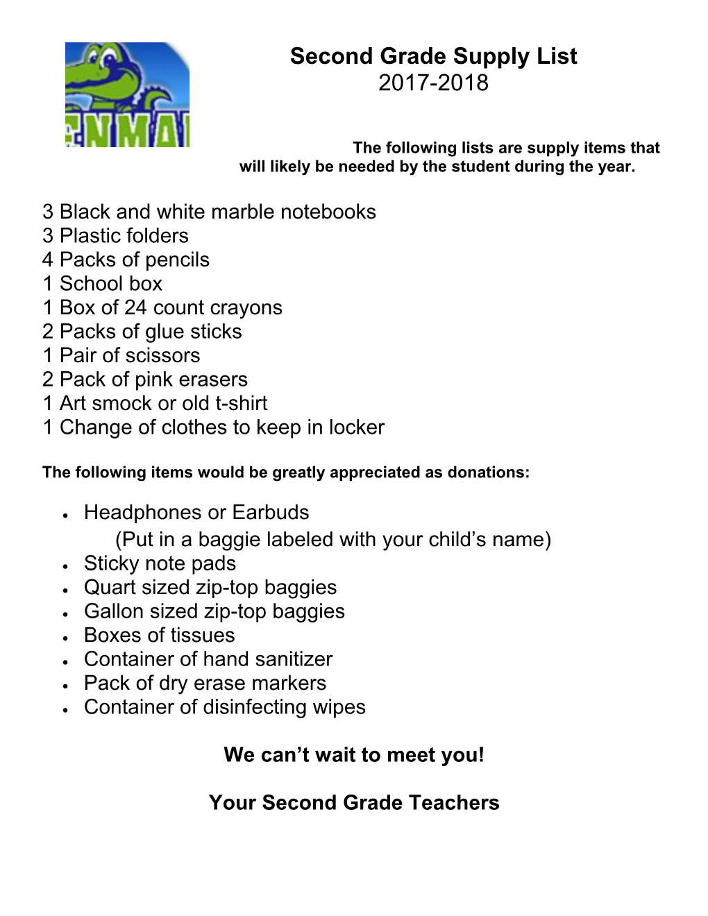 Second Grade Supply List