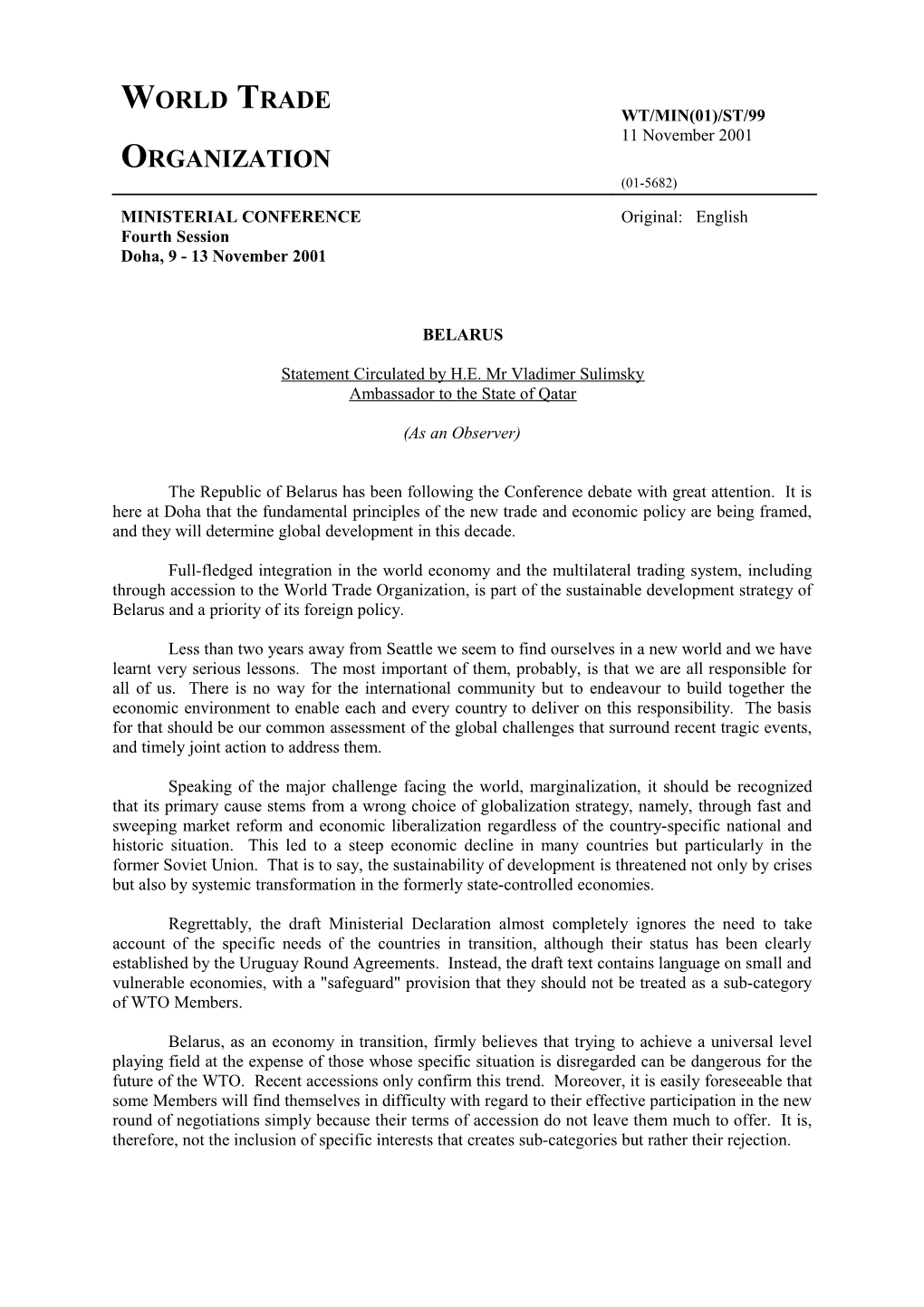 Statement Circulated by H.E. Mr Vladimer Sulimsky