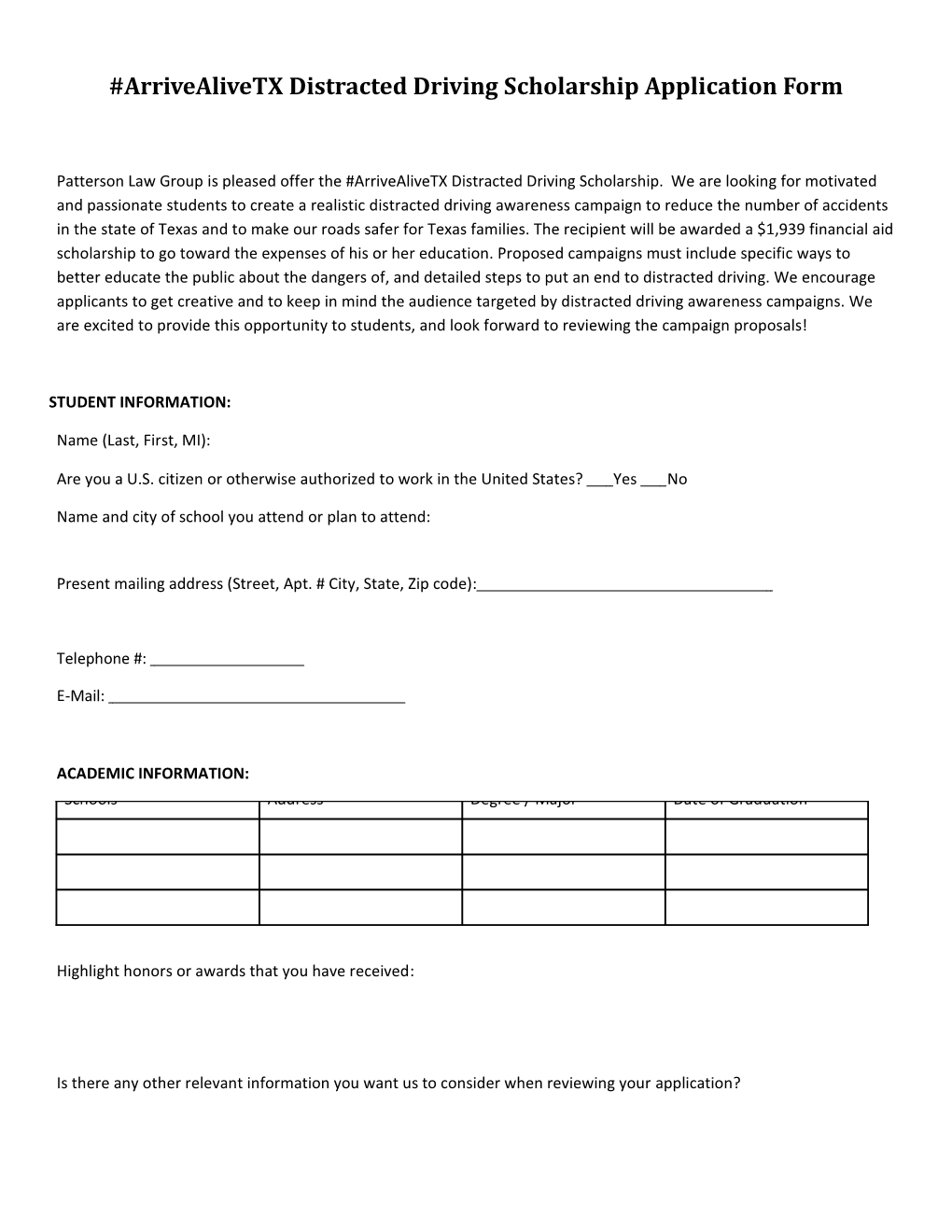 Arrivealivetx Distracted Driving Scholarship Application Form