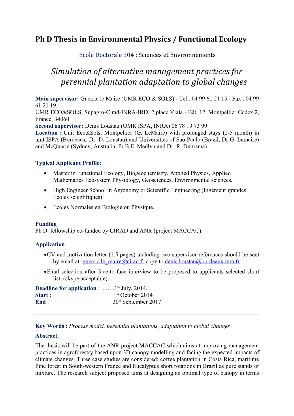 Ph D Thesis Inenvironmental Physics / Functional Ecology