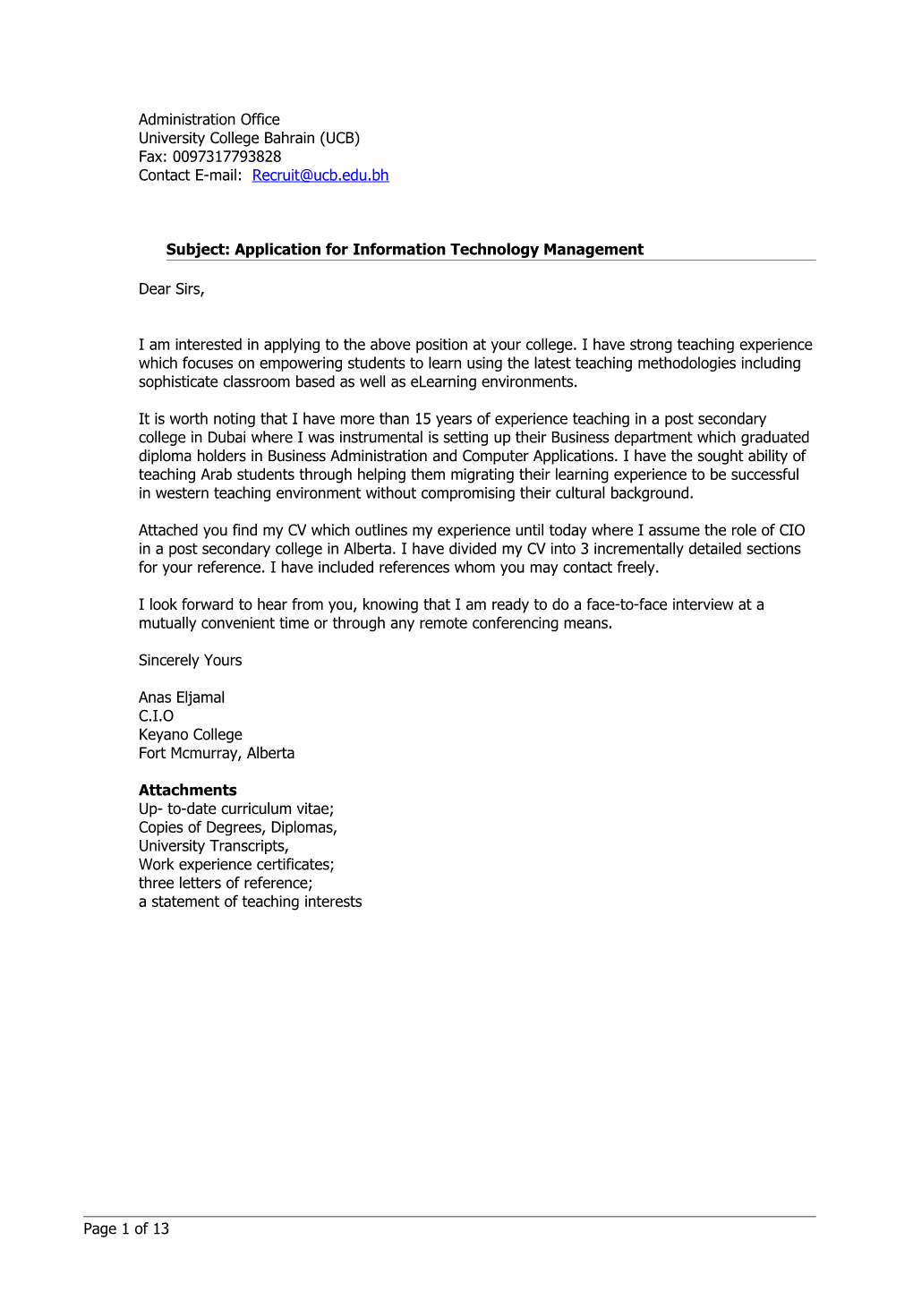 Subject: Application Forinformation Technology Management