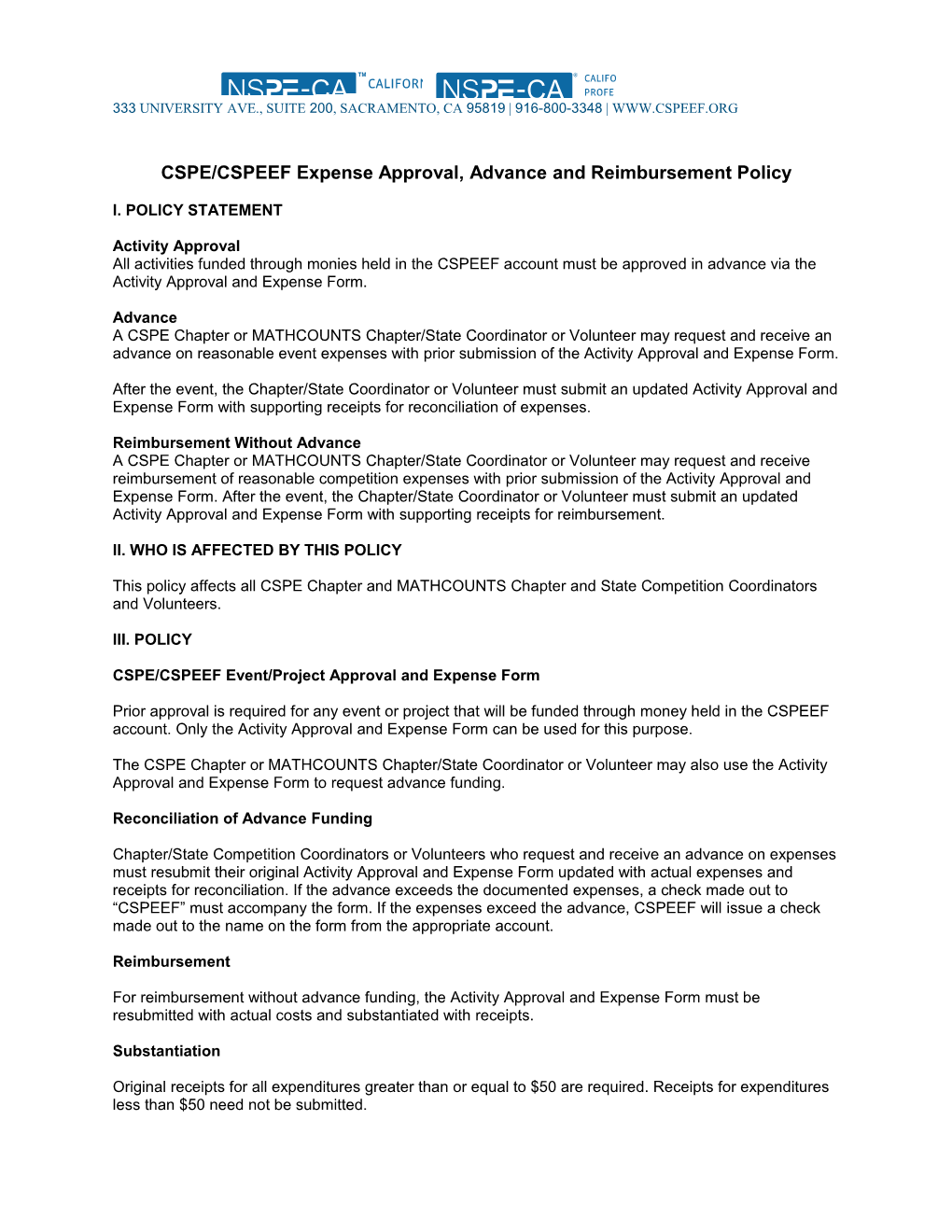 CSPE/CSPEEF Expense Approval, Advance and Reimbursement Policy