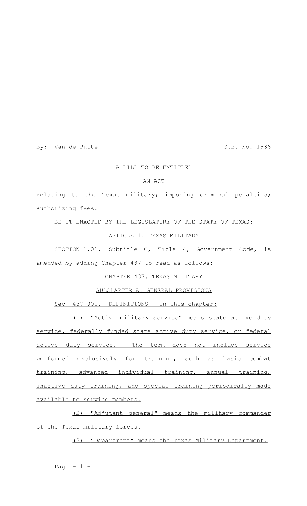 Relating to the Texas Military; Imposing Criminal Penalties; Authorizing Fees