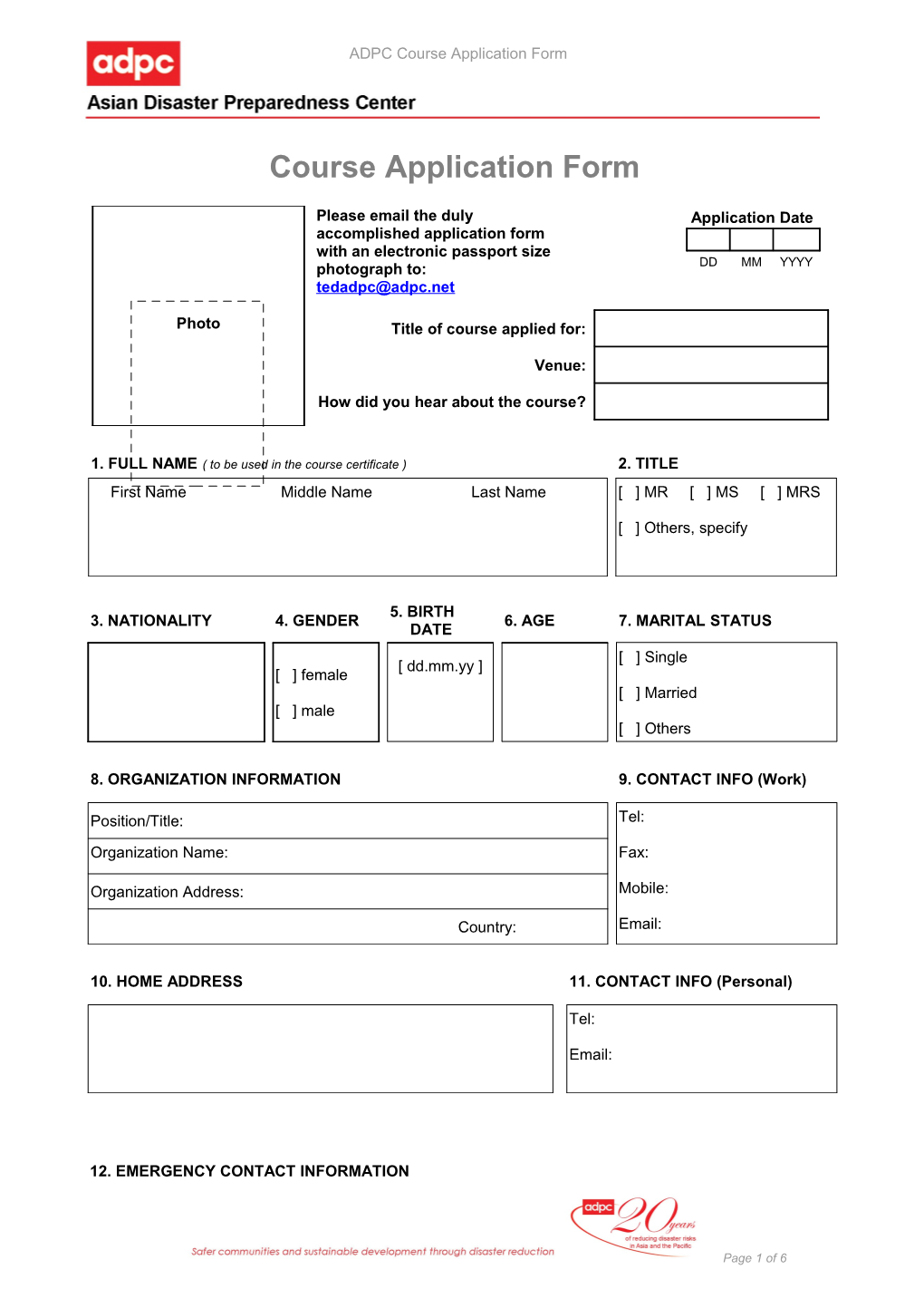 ADPC Course Application Form