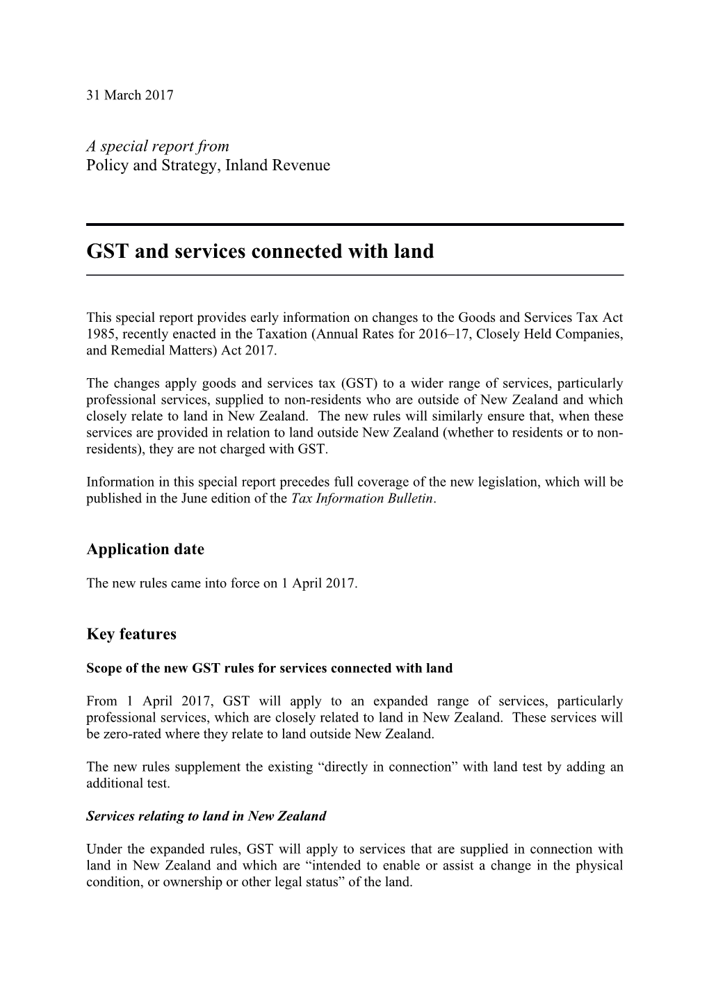 Special Report On GST And Services Connected With Land (March 2017)