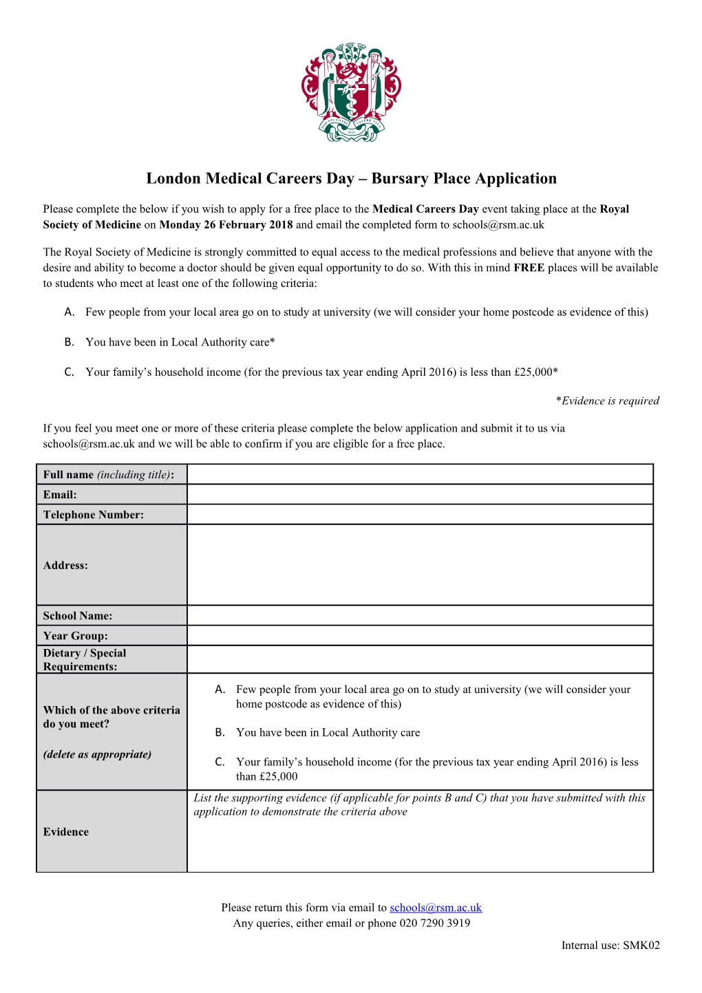 London Medical Careers Day Bursary Place Application