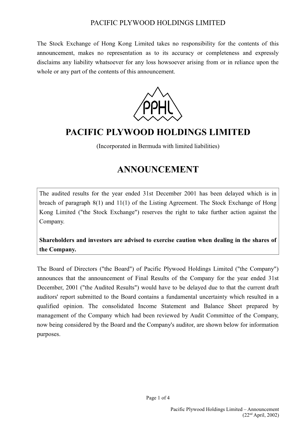 PACIFIC PLYWOOD 00767 - Announcement