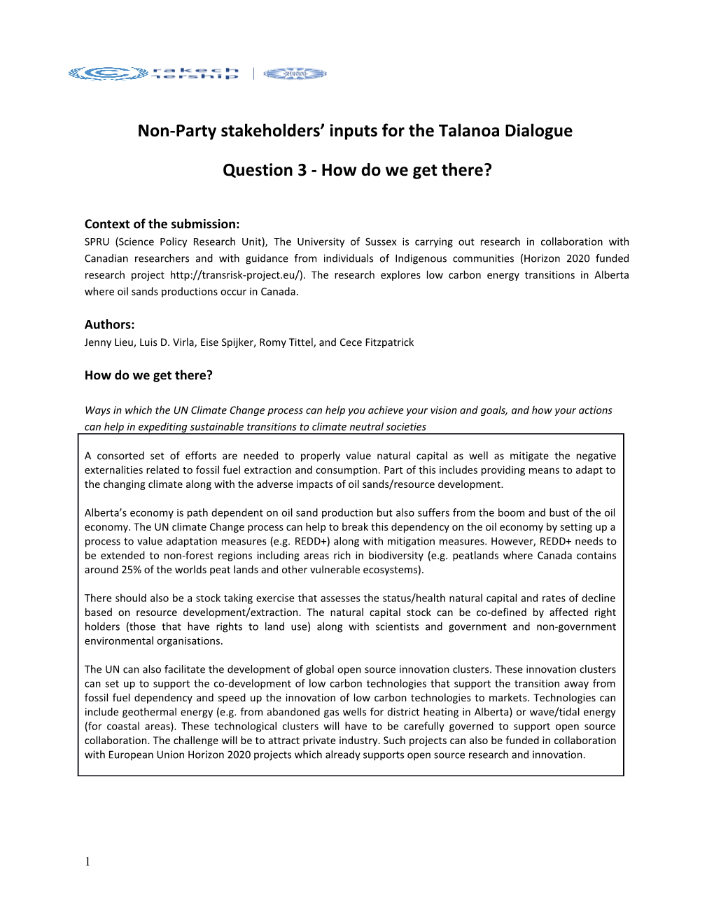 Non-Party Stakeholders Inputs for the Talanoa Dialogue