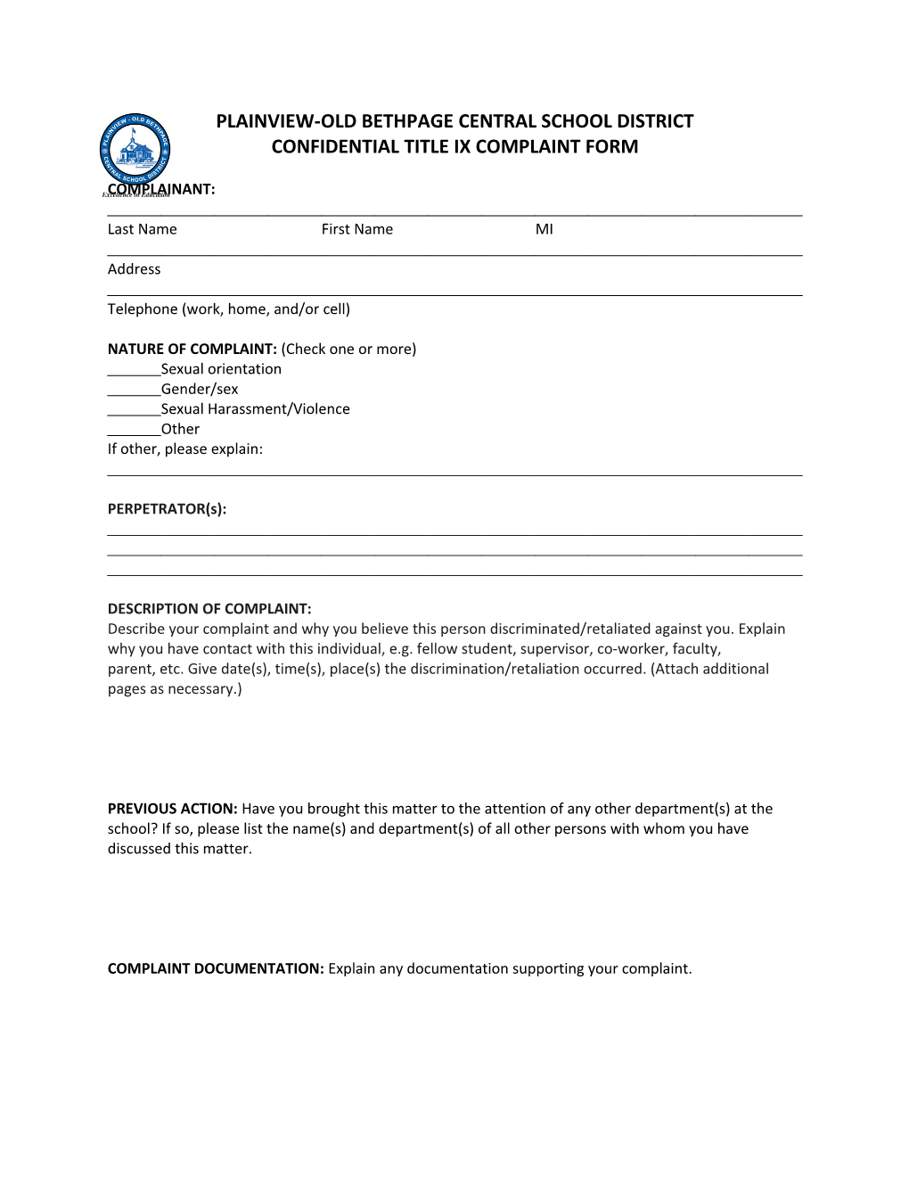 Confidential Title Ix Complaint Form