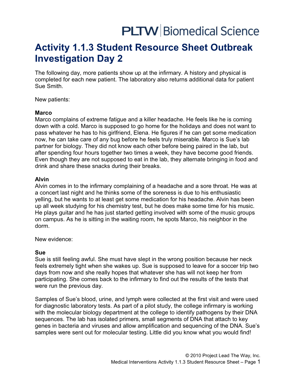 Activity 1.1.3 Student Resource Sheet Outbreak Investigation Day 2