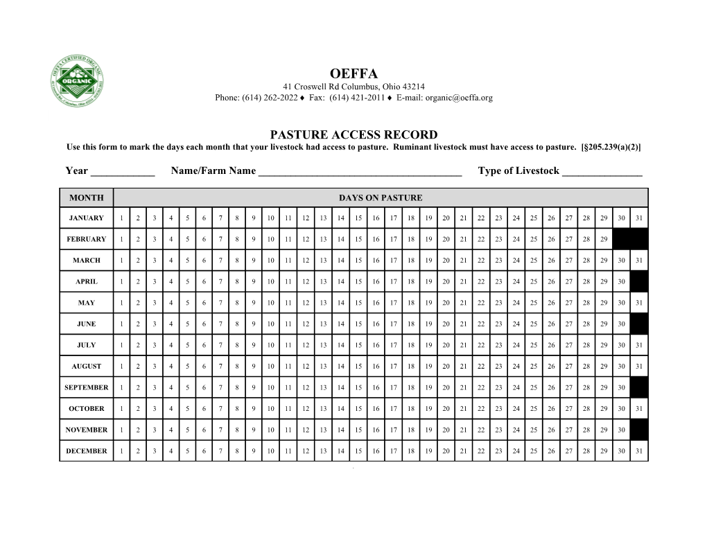 Pasture Access Record