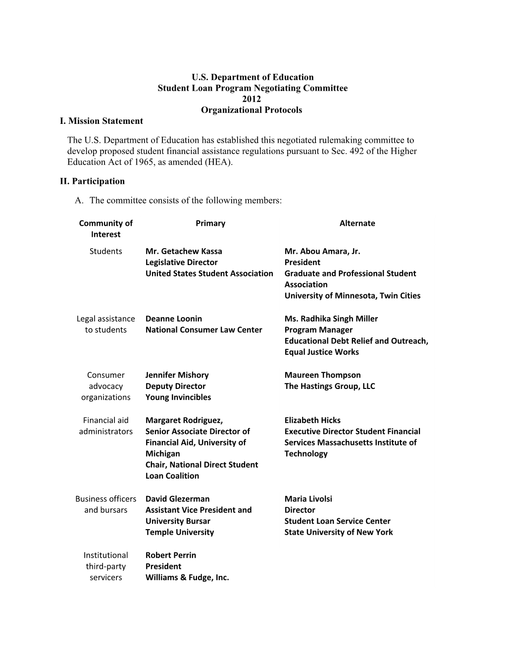 Negotiated Rulemaking for Higher Education 2011 - Team II, Student Loan Issues - Organizational