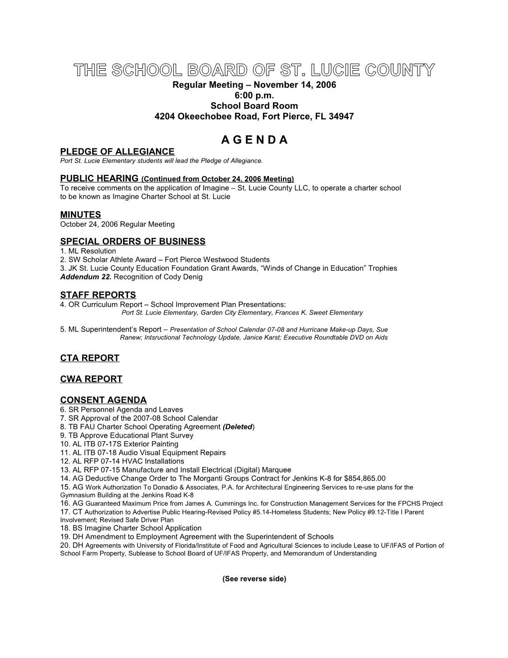 11-14-06 SLCSB Regular Meeting Agenda - Final