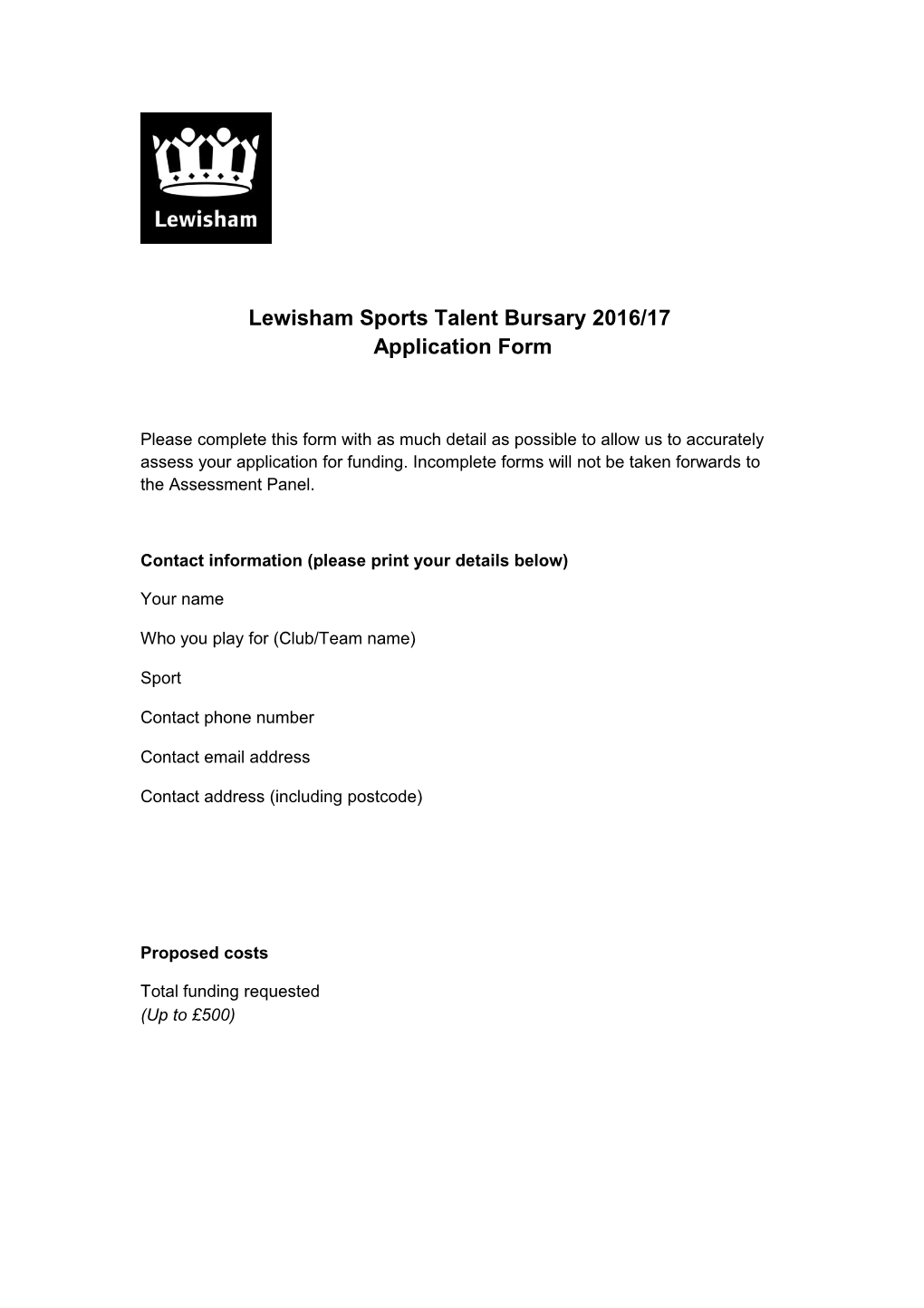 Lewisham Sports Talent Bursary 2016/17 Appliation Form