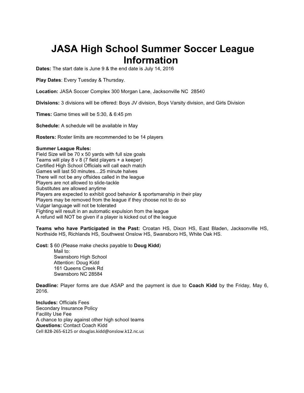 JASA High School Summer Soccer League Information