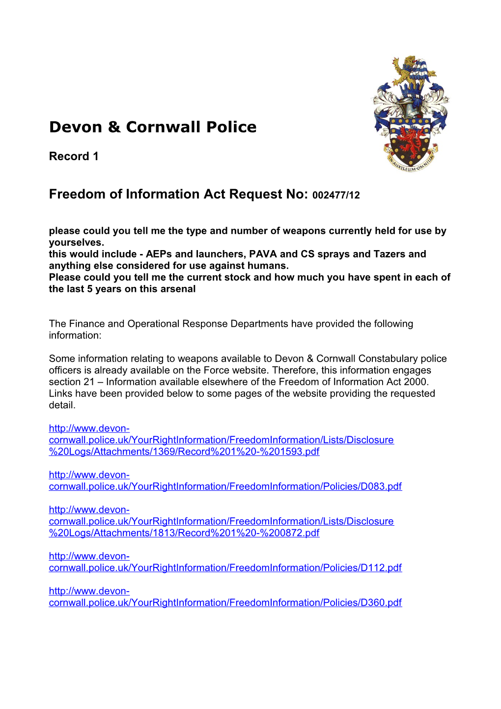Freedom of Information Act Request No:002477/12