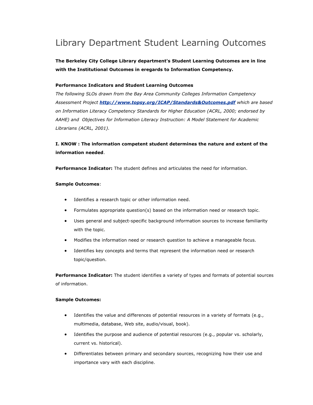 Library Department Student Learning Outcomes