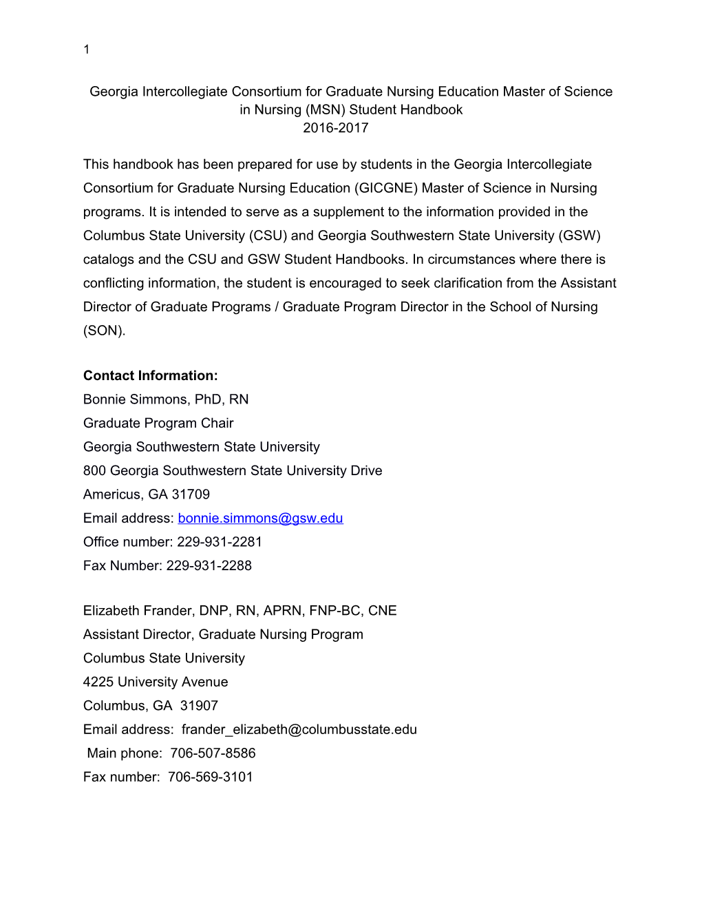 Georgia Intercollegiate Consortium for Graduate Nursing Education Master of Science In