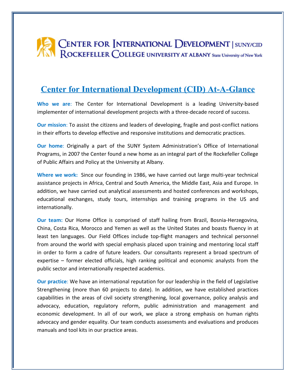 Center for International Development (CID) At-A-Glance