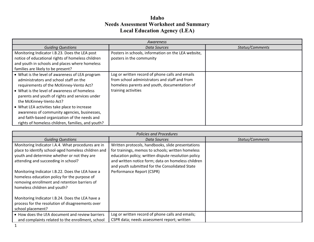 Needs Assessment Worksheet and Summary