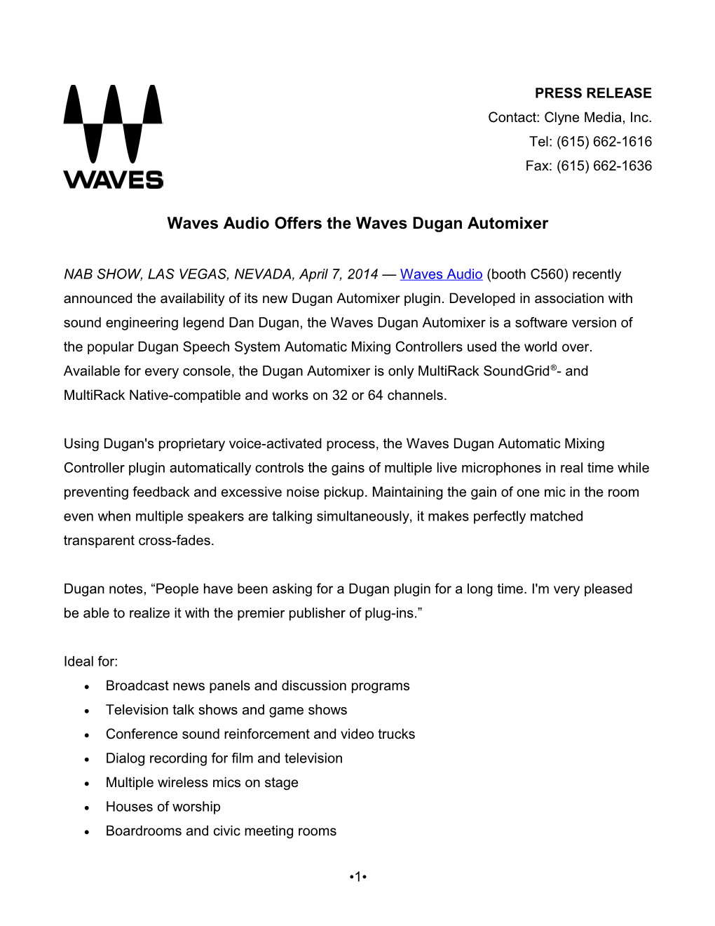 Waves Audio Offers the Waves Dugan Automixer