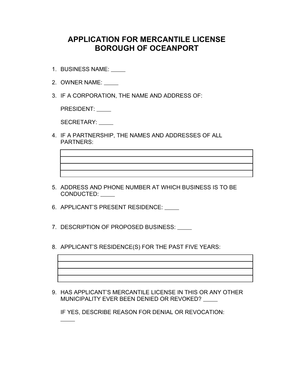 Application for Mercantile License