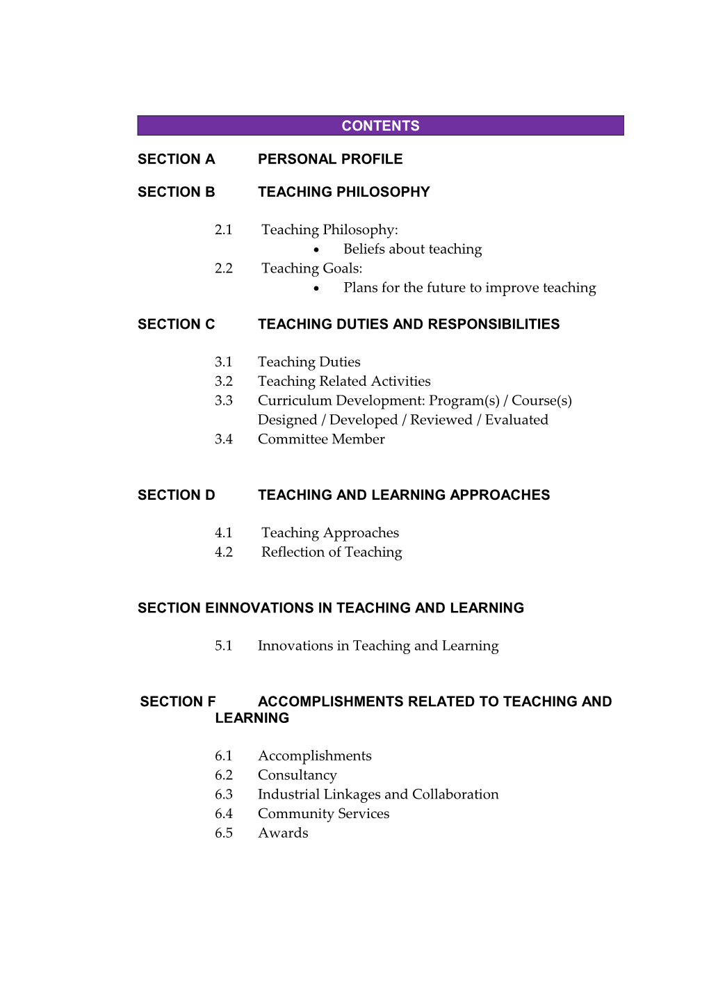 Format of the Teaching Portfolio