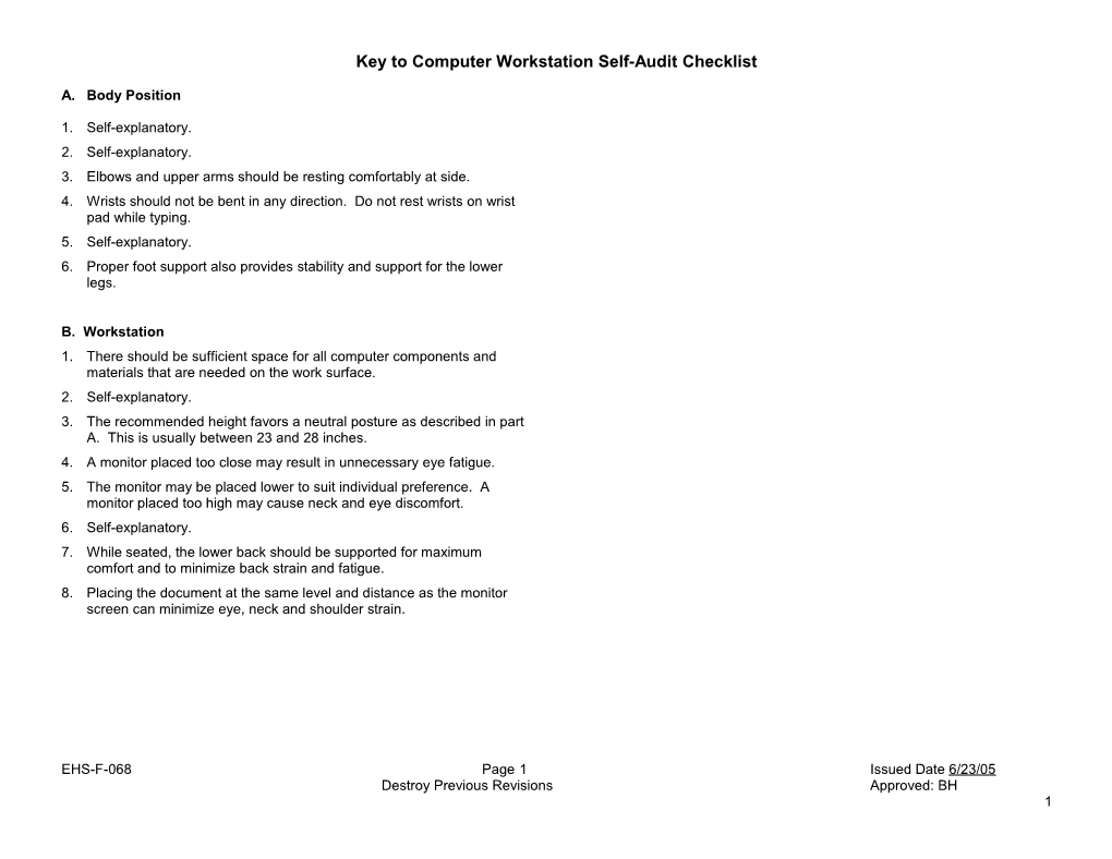 Key to Computer Workstation Self-Audit Checklist