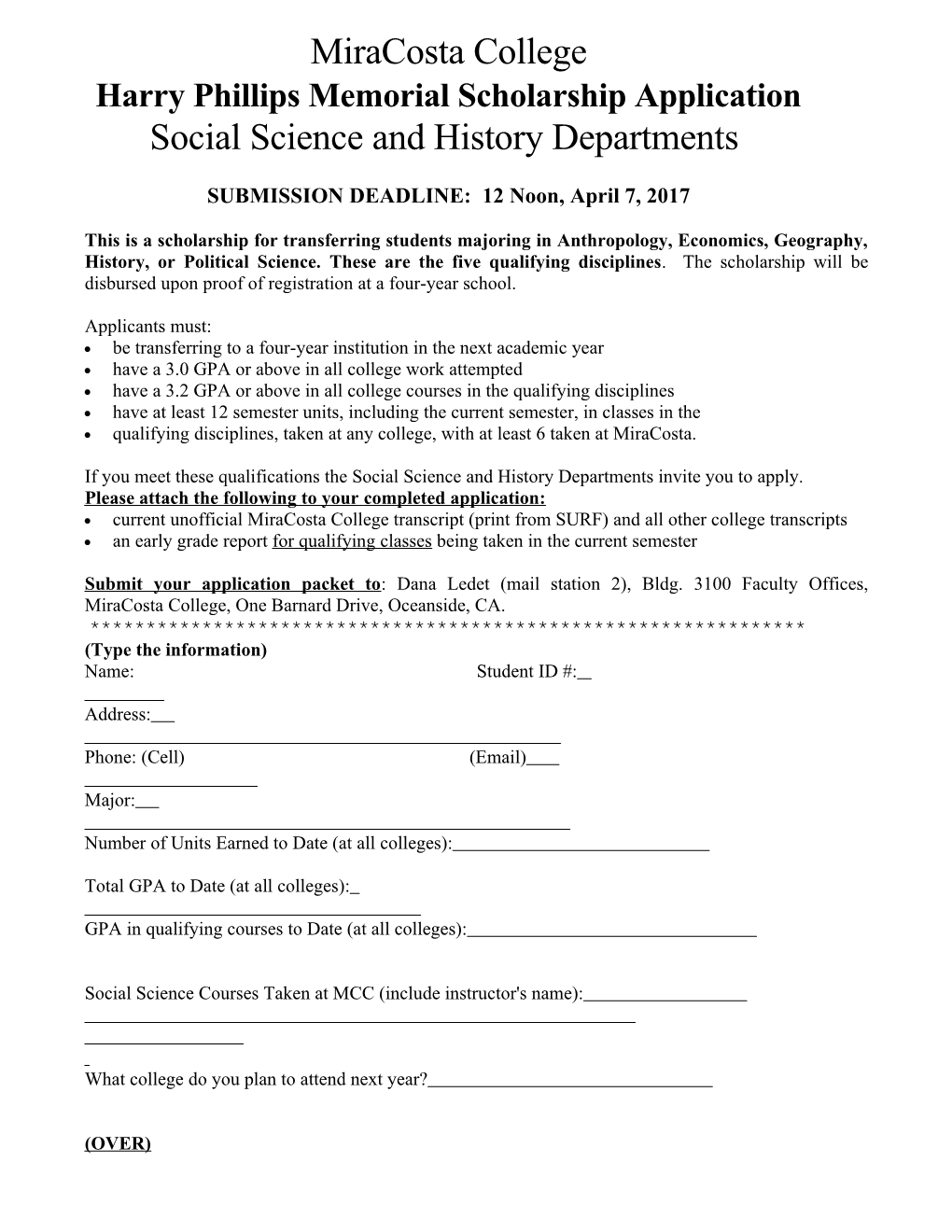 Phillips Scholarship Application Form