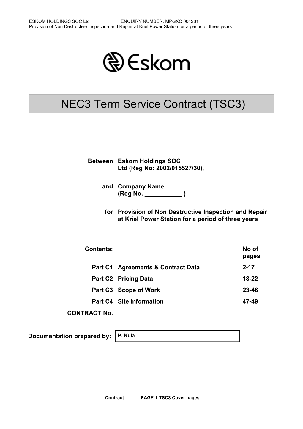 ESKOM HOLDINGS SOC Ltd ENQUIRY NUMBER: MPGXC 004281