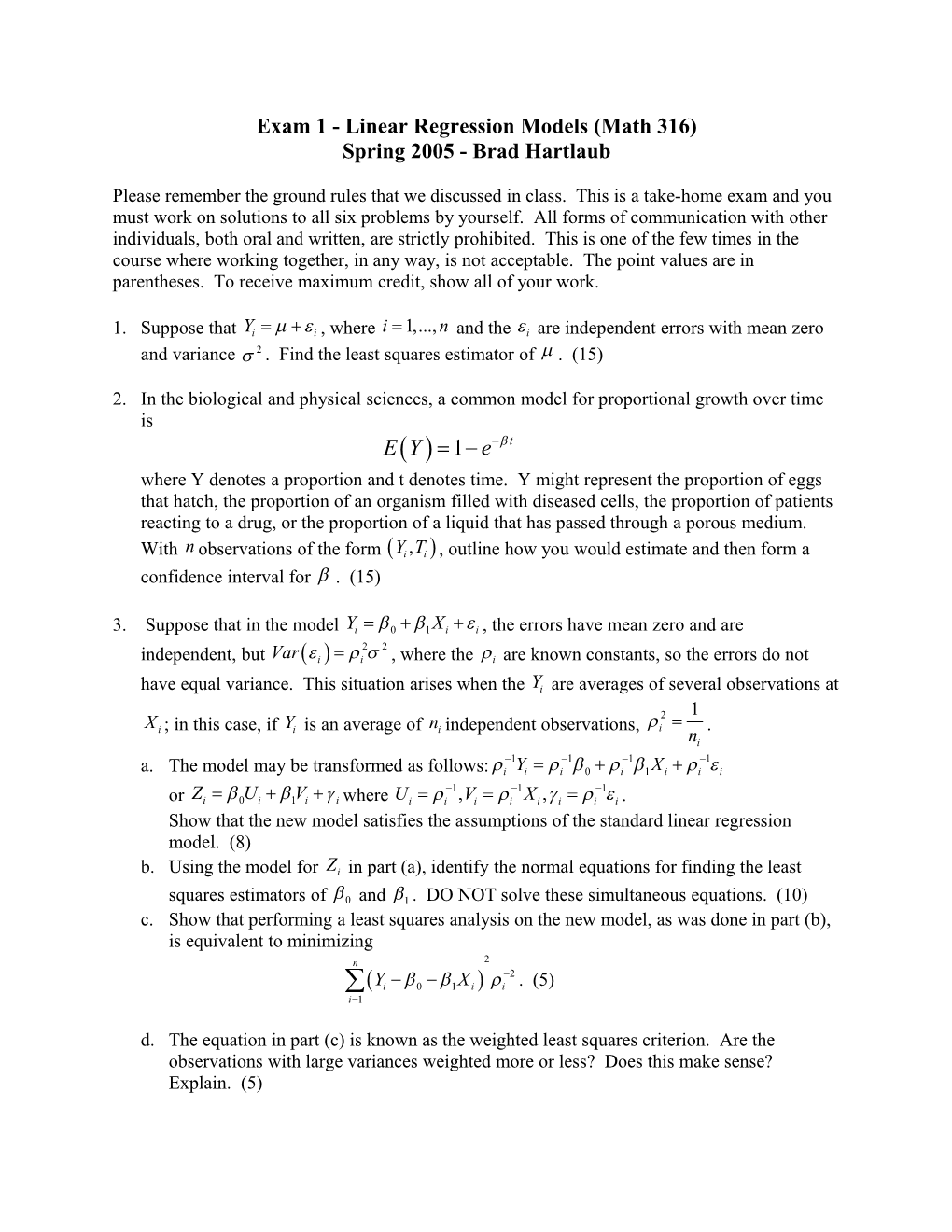 Linear Regression Models (Math 316)