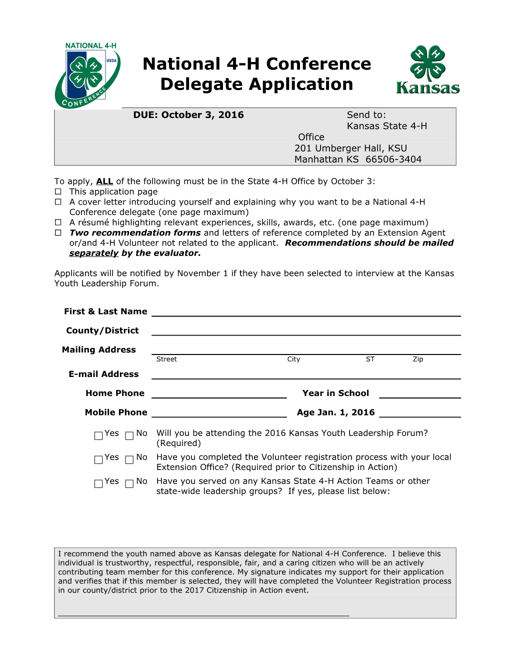 National 4-H Conference Delegate Application