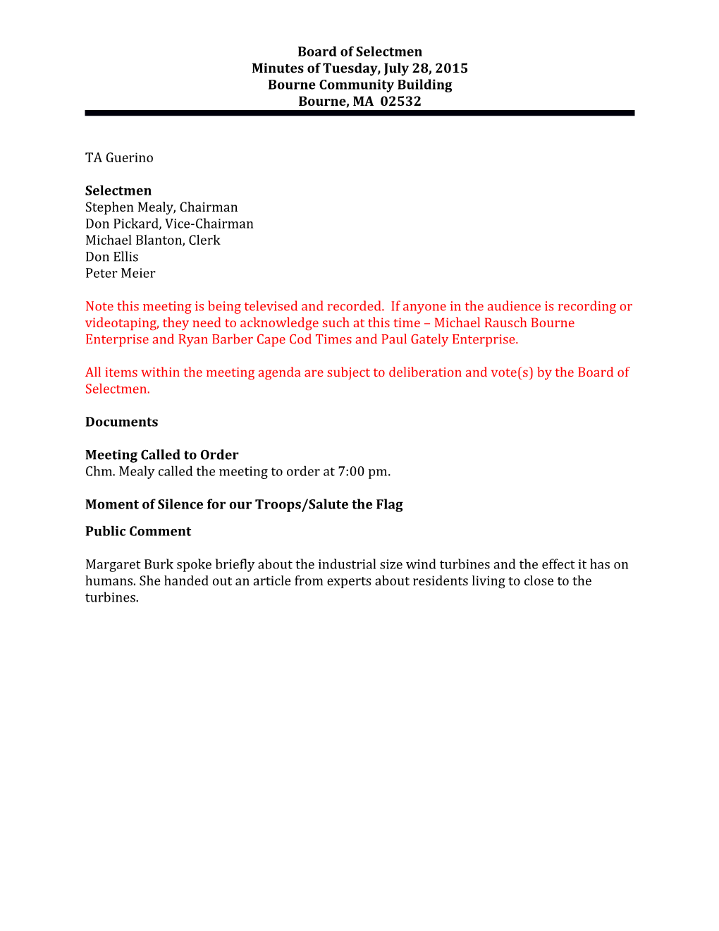 Board of Selectmen S Minutes July 28, 2015