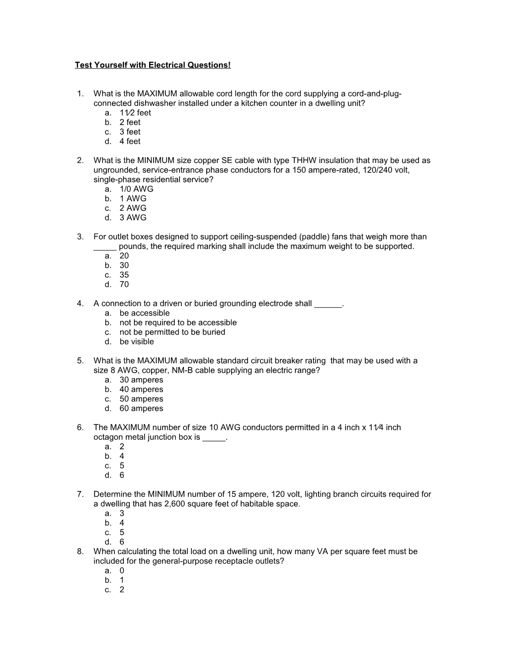 Residential Electrician Practice Exam