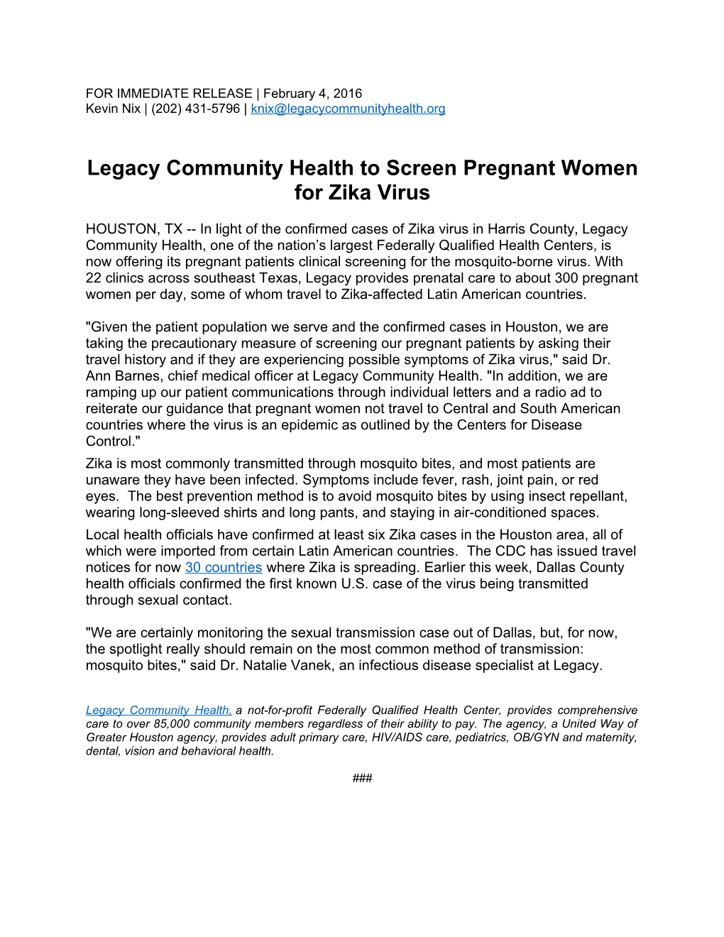 Legacy Community Health to Screen Pregnant Women for Zika Virus